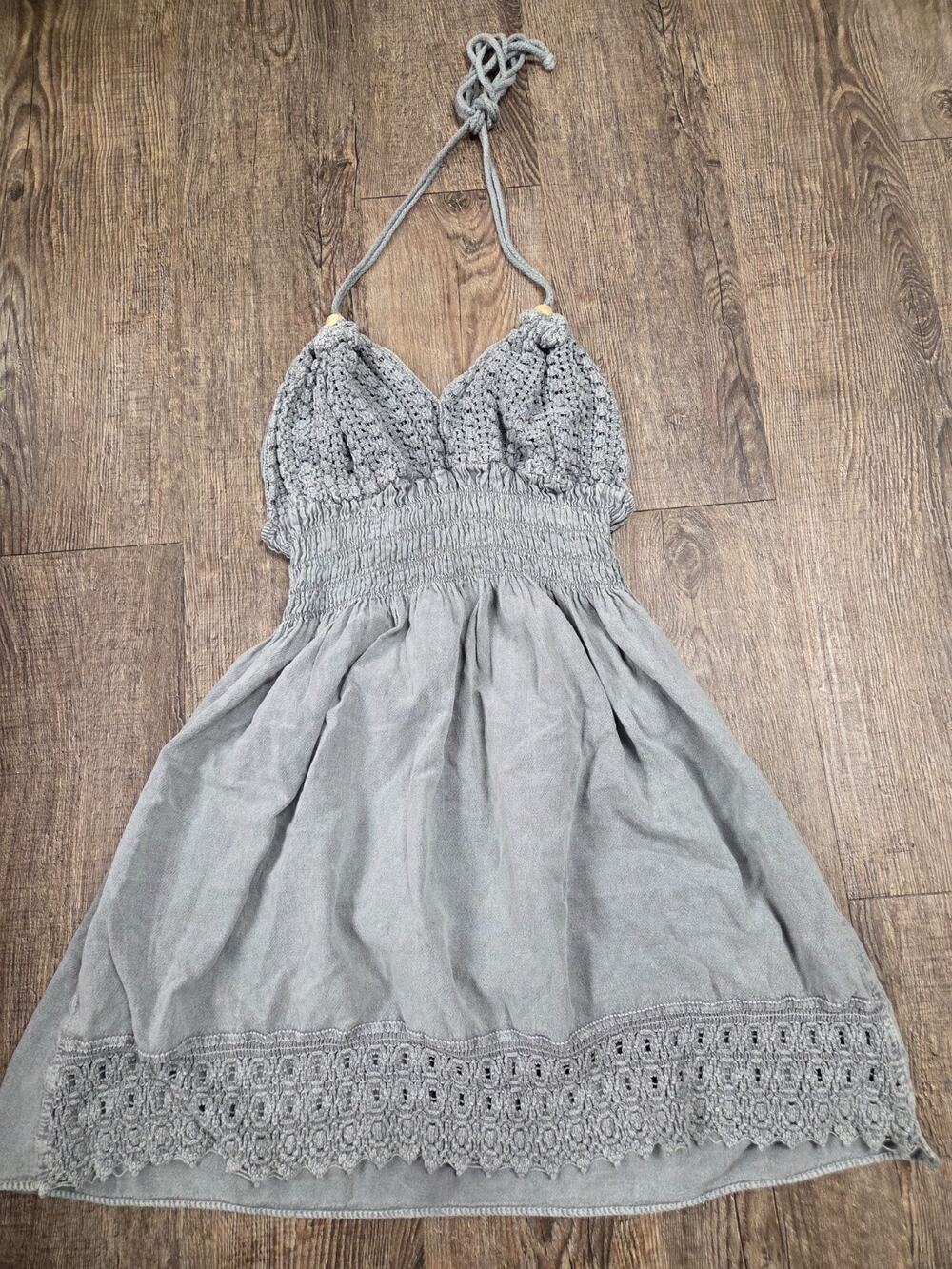 Blanco Mika Gray Cotton Made in Peru Halter Dress Eyelet Wood Beads Small